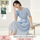 香影藍(lán)色天絲連衣裙女2025夏季新款萊賽爾收腰系帶圓領(lǐng)泡泡袖裙子 藍(lán)色 S 155/80A/85-95斤