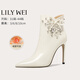 Lily Wei【落花浮夢(mèng)】法式漆皮時(shí)尚簡(jiǎn)約踝靴高跟氣質(zhì)時(shí)裝靴大碼 米白色【跟高10cm】 單層 36