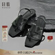 日著設(shè)計師原創(chuàng)女裝2024夏季新款魚嘴型不規(guī)則纖繩打孔牛皮涼鞋子 俠黑 37