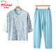 北極絨中老年人純棉圓領(lǐng)七分袖長(cháng)褲睡衣套裝媽媽夏季薄款女士家居服大碼 淺藍套裝 4XL （建議180-220斤）