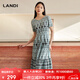 藍(lán)地（LANDI）波西米亞風(fēng)印花復(fù)古連衣裙女短袖收腰中長(zhǎng)裙夏新品 葉綠色 M