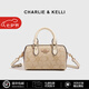 CHARLIE & KELLI CK輕奢包包女包潮牌真皮印花波士頓包手提女士2025新款單肩斜挎 米白色【聯(lián)系客服發(fā)順豐包郵】