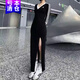 阿迪達斯 （adidas）三葉草連衣裙女裙春季款V領(lǐng)側開(kāi)叉過(guò)膝長(cháng)款中袖修身休閑裙運動(dòng)裙 IK0439黑色 M
