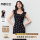 尚都比拉前方領(lǐng)后V領(lǐng)拼接荷葉邊系帶碎花連衣裙女夏季通勤收腰顯瘦中長(cháng)裙