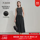 AMII女裝2025夏季休閑圓領(lǐng)撞料拼接抽繩綁帶連衣裙女顯瘦收腰 深灰 M