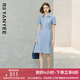 顏域格子襯衫領(lǐng)連衣裙女夏裝2025新款收腰顯瘦氣質(zhì)法式復古中長裙 藍格 XL