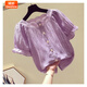 婍妡雪紡上衣女短袖2025韓版夏季新款百搭遮肚子顯瘦紫色甜美雪紡襯衫 紫色 S 【建議95斤以?xún)冗x擇】