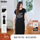 MsShe【雙面棉套裝】大碼女裝2025夏季拼接仿牛仔印花T恤半身裙子 黑色現(xiàn)貨 偏大半碼 4XL
