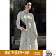 獨(dú)束大碼女裝飄帶裝飾壓褶印花連衣裙2024年秋季新款經(jīng)典V領(lǐng)長裙 米底黑花 XL (尺碼：3)