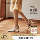 千百度【靜音系列】真皮超高跟時裝涼鞋女2025夏季新款后空通勤鞋 米色 36 (230mm)