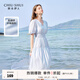 秋水伊人溫柔甜美風V領(lǐng)連衣裙夏季新款女收腰顯瘦中長裙子 藍色 L