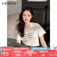 lagogo白色字母印花T恤女拉谷谷2025春季新款設(shè)計(jì)感亮片短袖上衣 本白色 L