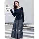 梵希蔓格紋修身套裝女春新款一字肩上衣半身長(cháng)裙兩件套 藏青格 S