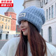 槿城藍色針織帽加厚毛線(xiàn)帽粗毛帽子女冬季保暖護耳冷帽寬松大頭堆堆帽 湖藍色M1005 均碼