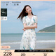 三彩大碼女裝2025夏新款V領(lǐng)印花連衣裙短袖收腰清新蝴蝶結胖MM