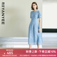 顏域鏤空蕾絲連衣裙女2025夏季新款輕熟風(fēng)高腰收腰修身過膝短袖裙 淺藍(lán) XL