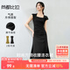 尚都比拉夏季時(shí)尚腰部收褶傘裙浪漫公主袖方領(lǐng)針織連衣裙女 優(yōu)雅黑 L 
