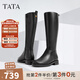 他她（TATA）大筒圍真皮騎士靴女靴子粗跟氣質(zhì)加絨長(zhǎng)筒靴秋冬7TG87DG4 黑色 38