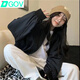 DGOV秋季2025年新款韓版寬松情侶款?yuàn)A克上衣秋冬慵懶女士時(shí)尚短外套女 黑色雙層外套 S 建議78-94斤