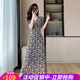 歐貝汐2026夏季新款V領(lǐng)泡泡袖甜美減齡碎花雪紡長(cháng)款連衣裙 黑色 L