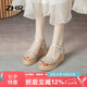 ZHR坡跟涼鞋女夏真牛皮厚底女鞋時(shí)尚細(xì)帶水鉆高跟鞋子女 AY92 銀色36