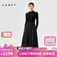 朗姿/LANCY秋秋季新款長(cháng)袖鏤空桑蠶絲裙子黑色中長(cháng)款拼接連衣裙女 夜幕黑色2 L