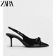 ZARA2025秋季新品黑色尖頭蝴蝶結漆皮淺口高跟鞋外穿細跟露跟涼鞋 黑色 37