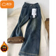 棉致水泥灰加絨加厚直筒牛仔褲子女秋冬季新款水洗做舊高腰闊腿休閑褲 8364水泥灰【加絨高品質(zhì)】 L 100-120斤