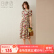 白鹿語(yǔ)夏季優(yōu)雅修身印花中長(cháng)裙甜美泡泡袖玫瑰花圖案連衣裙 花色  S 