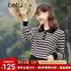 百圖betu女裝春季新款毛針織衫條紋流蘇短款長(cháng)袖毛衫女2401T12 黑色 M