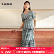 藍地（LANDI）波西米亞風印花復古連衣裙女短袖收腰中長裙夏新品 葉綠色 M