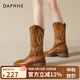 達芙妮（DAPHNE）馬丁靴女2025爆款夏秋季草原刺繡西部牛仔靴新疆旅游美拉德騎士靴 棕色【單里款】 37
