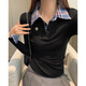 麓格立polo衫女春秋季韓系學(xué)院風(fēng)假兩件格紋撞色打底衫修身設計感針織衫 針織衫黑拼藍L【建議105-115斤】