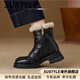 SUSTYLE高端奢侈品牌小羊皮粗跟中跟加絨馬丁靴女短靴冬季新款女靴配大衣 黑色毛里[精美禮盒裝] 34 [標準碼]