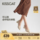 KISSCAT接吻貓金晨同款25年春新【銀錠貓掌鞋】通勤尖頭淺口工作單鞋女 淡灰杏色 -皺紋牛漆皮 37