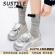 SUSTYLE國際高端品牌女裝2025冬季新款增高德訓鞋女厚底小白鞋休閑運動(dòng)鞋 銀色 35