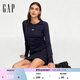 蓋璞Gap女裝2025秋季新款logo刺繡修身抽褶長(cháng)袖T恤休閑上衣834688 海軍藍 L (170/92A) 亞洲尺碼
