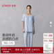 愛慕睡衣女夏季莫代爾涼感帶杯短袖分身家居服套裝