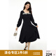 獨(dú)束大碼女裝秋裝新款氣質(zhì)甜美法式方領(lǐng)連衣裙微胖mm顯瘦百搭裙子 烏梅黑 XL (尺碼：3)