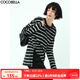 COCOBELLA立體段彩黑白色織條紋長(cháng)袖T恤女側開(kāi)叉休閑上衣TS99 黑白條 XL