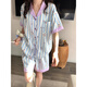 哈魯迪可愛(ài)小貓條紋睡衣女士夏季薄款韓系蝴蝶結甜美短袖短褲學(xué)生家居服藍杏條紋L （80-100斤）