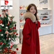 皮爾卡丹（pierre cardin）紅色雙面羊絨大衣女中長(cháng)款2025冬季新款狐貍毛大毛領(lǐng)連帽毛呢外套 紅色 XS