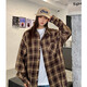 FOG SKY襯衫女美式復古格子外套春夏季開(kāi)衫寬松長(cháng)袖襯衣外穿潮流情侶上衣 MD-H509咖啡 L （建議130-145斤）