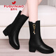 富貴鳥(niǎo)真皮牛皮短靴女秋冬加絨保暖圓頭粗跟中筒女靴 黑色短絨 38