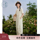紫涵（ZIHAN）紫涵直筒闊腿背帶褲女夏季森系田園風(fēng)刺繡寬松高腰連體褲 米金 M
