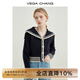 VEGA CHANG海軍領針織衫女春秋季2025年新款新復古回潮短款設計感針織上衣 藏青色 均碼