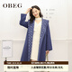 OBEG歐碧倩冬綿雙面呢大衣大翻領(lǐng)毛呢印花外套10404141 牛仔藍 S /160/36