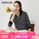 兆君2025早秋新款萊賽爾針織衫女翻領(lǐng)條紋T恤半拉鏈長袖薄款上衣 曜石黑 XL