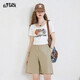妖精的口袋高腰直筒短褲女2026夏季新款寬松休閑小個(gè)子闊腿五分褲 流浪卡其色 M