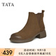 他她（TATA）粗跟通勤切爾西靴女靴加絨英倫羊皮時(shí)裝短靴冬新7C842DD4 啡色 38